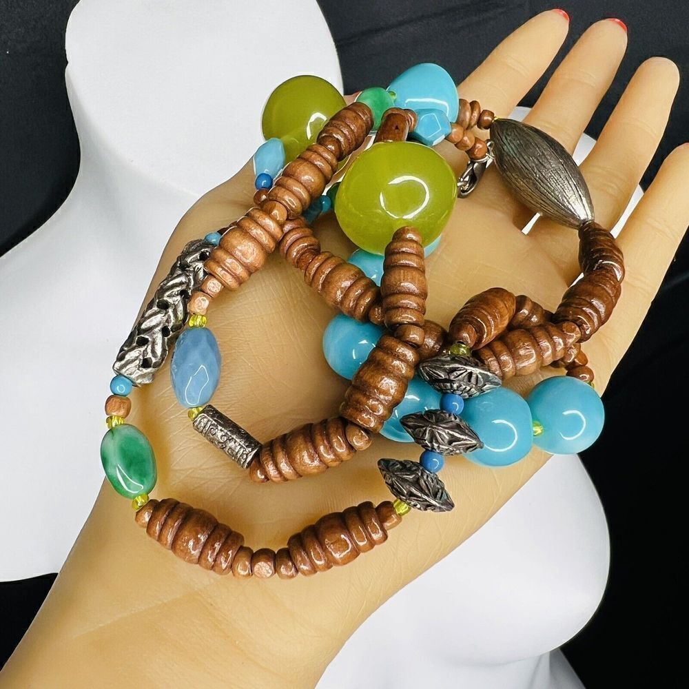 Vintage Lucite Wood Silver Beads Tibetan Necklace Mixed Media Chunky Beads 4009 - Picture 2 of 13